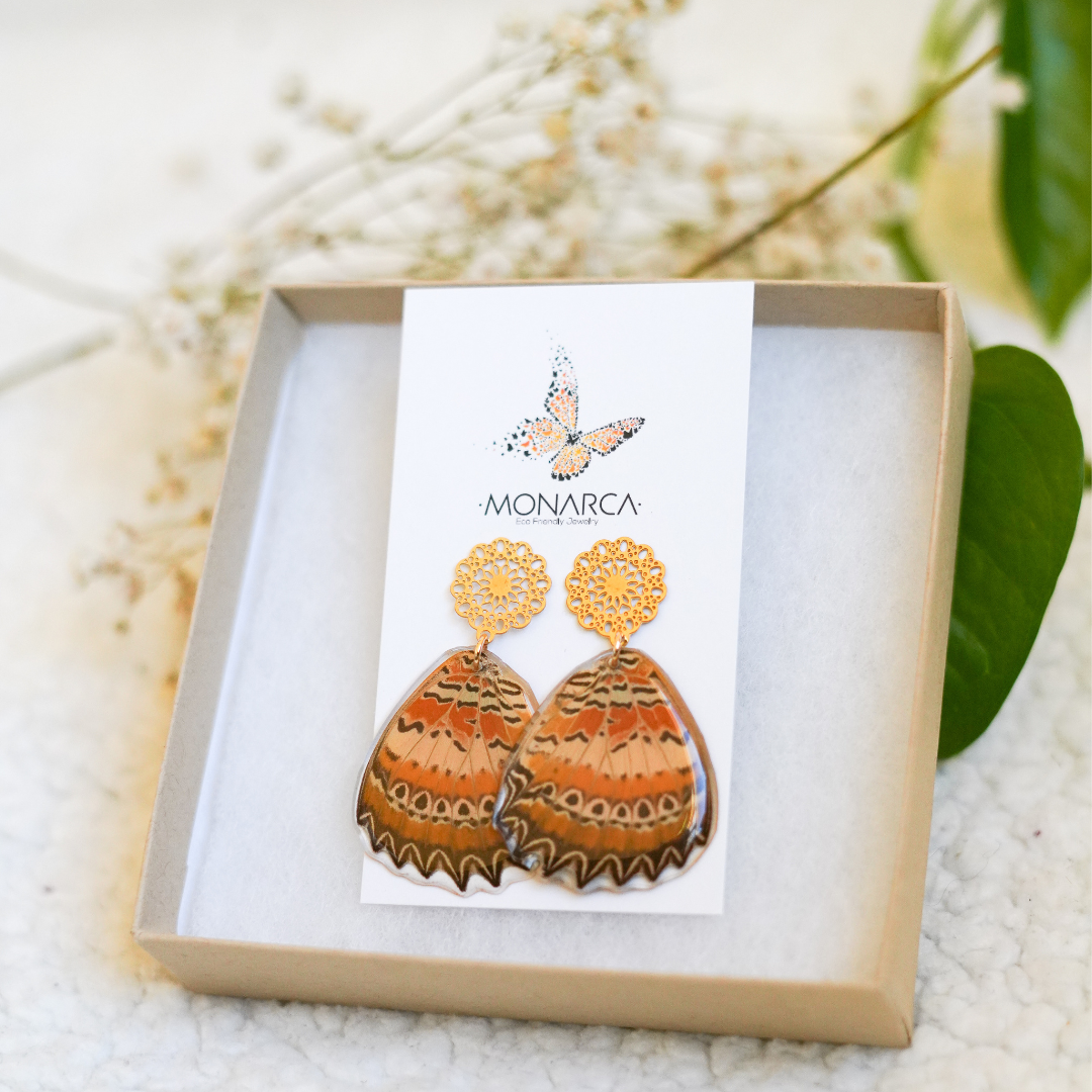 Real butterfly wing earrings with mandala post, hypoallergenic jewelry, earthy colors earrings. Bohemian chic style earrings.