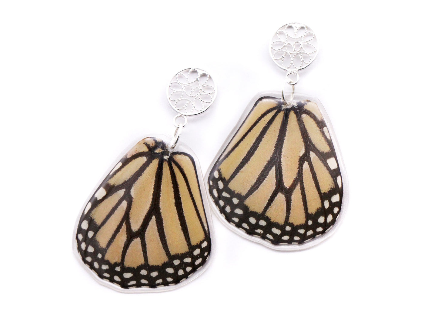 Monarch butterfly wing dangling earrings, sterling silver filigree posts. Orange black and white earrings.