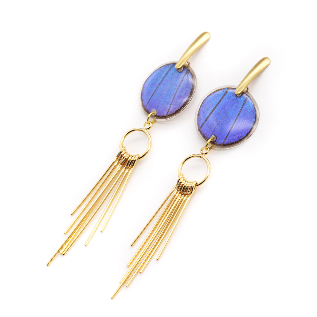 Real butterfly wing earrings, blue color. Golden post and charm.