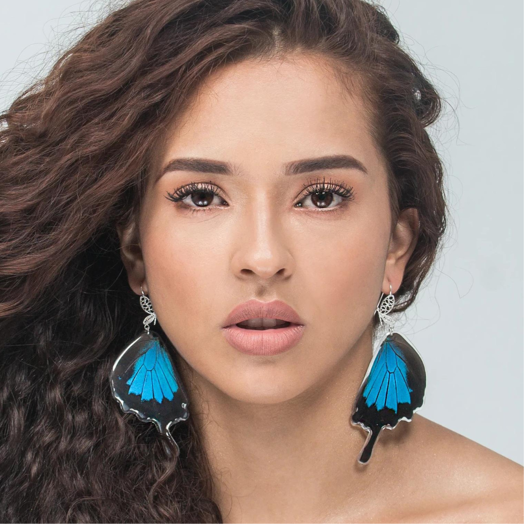 Black and blue statement earrings, made of real butterfly wings