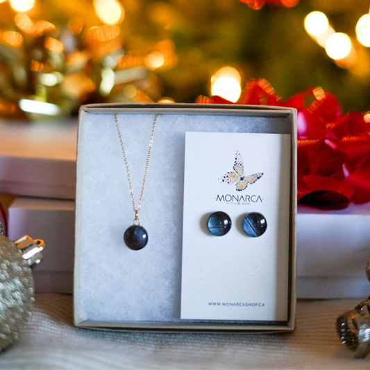 Blue Morpho Butterfly - Glass Studs & Pendant Set