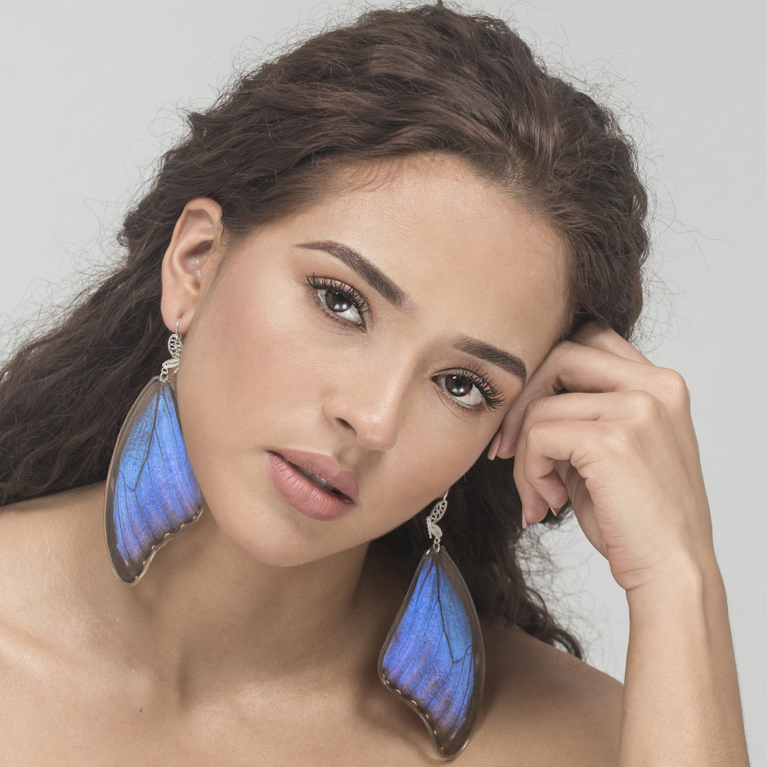 Long blue drop earrings made of real butterfly wings