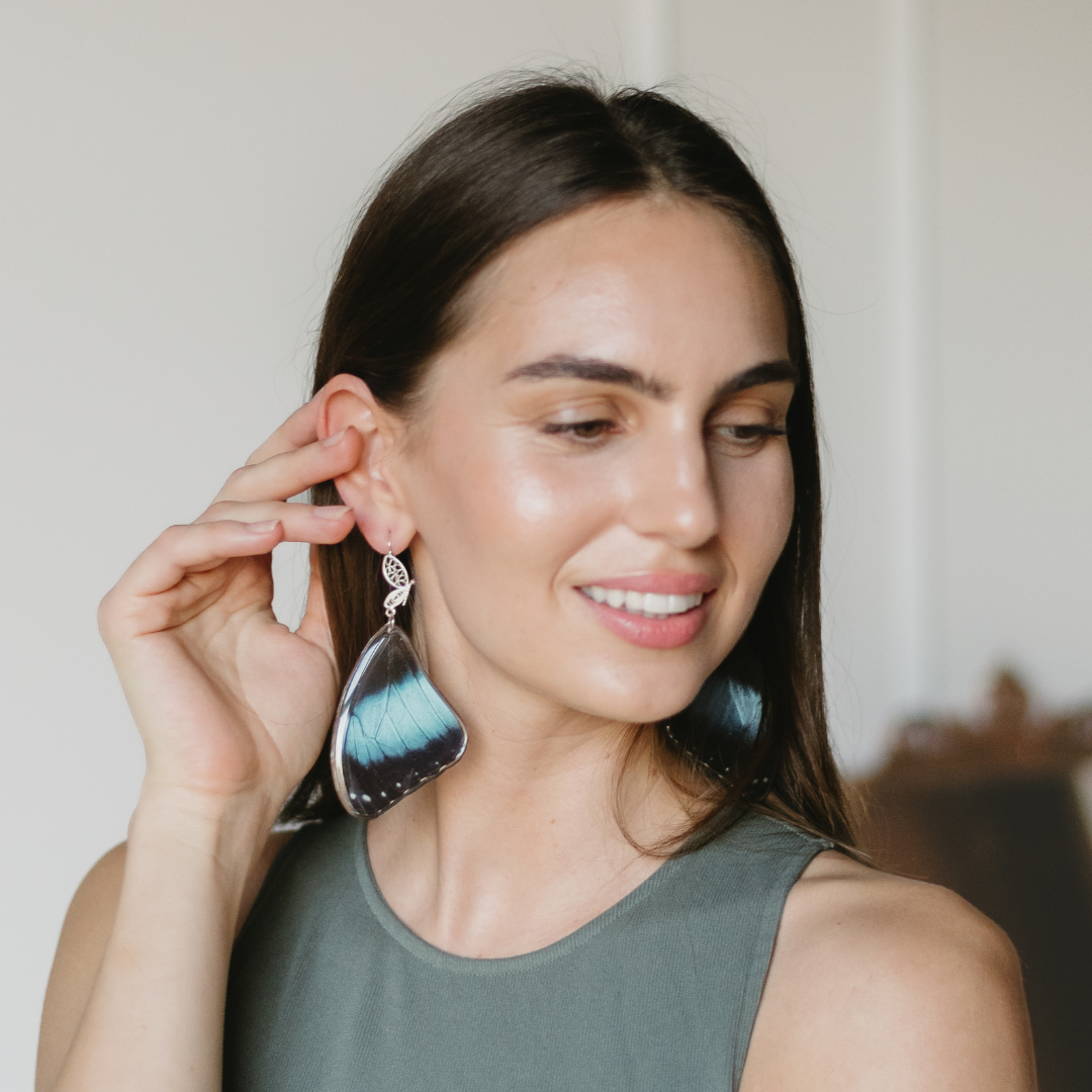 Dark Morpho - Black & Light Blue Statement Earrings
