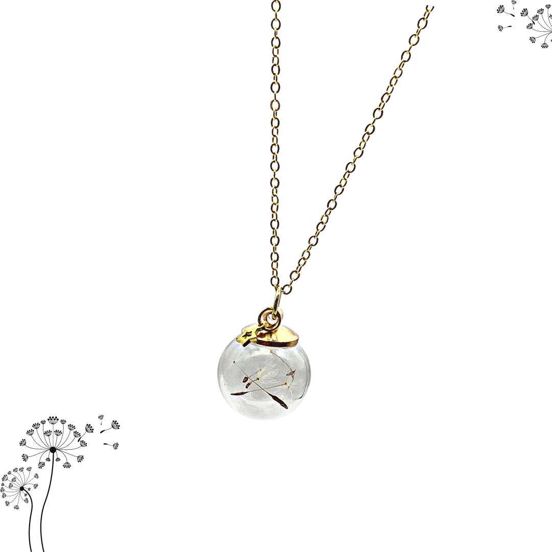 Dandelion seeds in a blown glass sphere. Dainty 16 K gold-plated chain. 