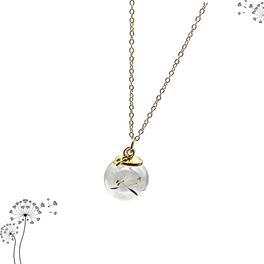 Dandelion seeds in a blown glass sphere. Dainty 16 K gold-plated chain. 