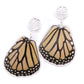 Monarch butterfly wing dangling earrings, sterling silver filigree posts. Orange black and white earrings.
