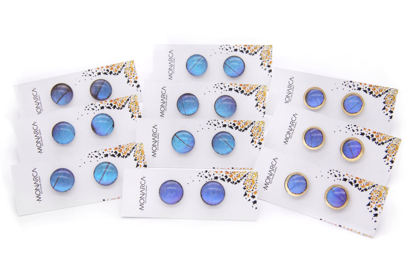Round blue and gold stud earrings,  butterfly wing studs.. 