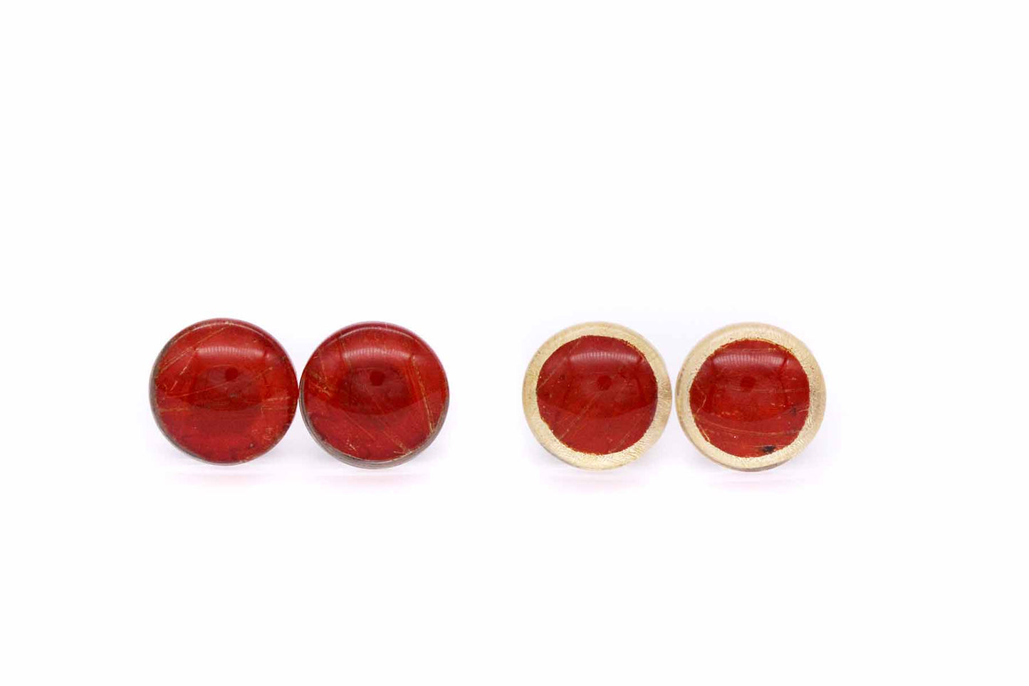 Round red and gold stud earrings made with real butterfly wings. Red Studs.