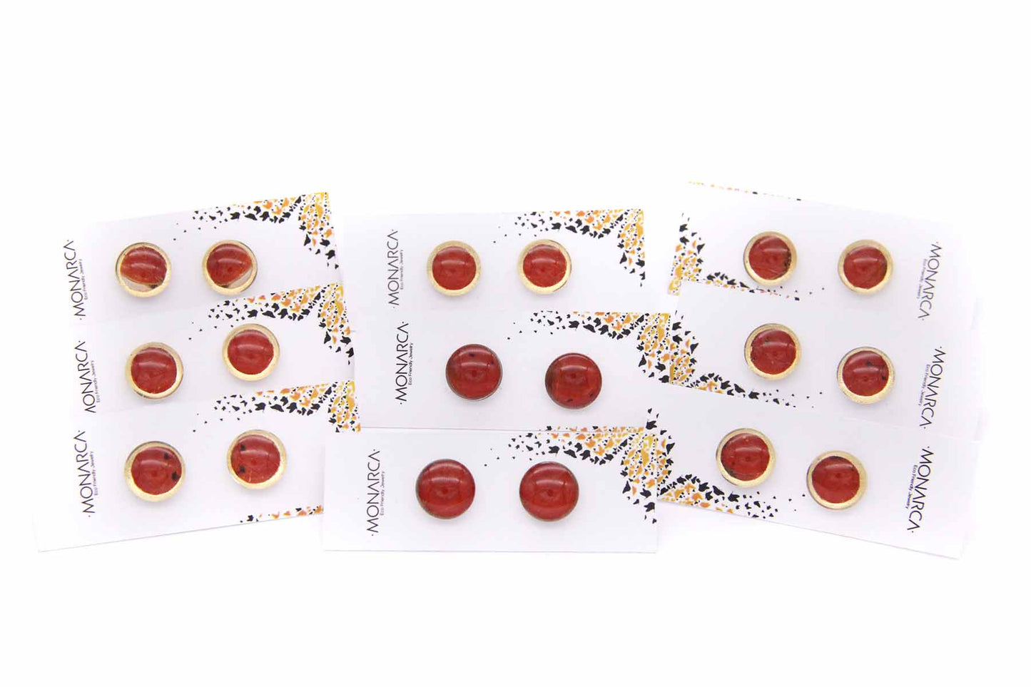 Round red and gold stud earrings made with real butterfly wings. 